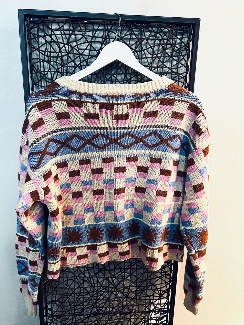 LA Hearts by PacSun cream pink blue yellow cotton geo cardigan oversized M - Picture 3 of 8